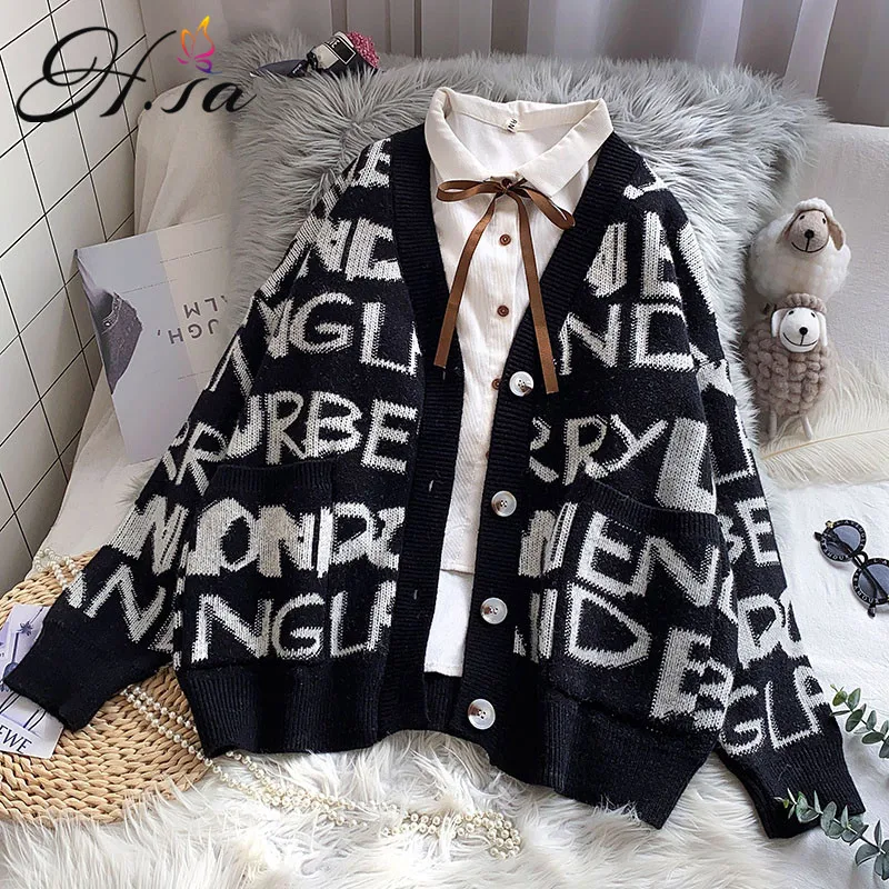 H.SA 2020 Winter Clothes for Women christmas sweater and Cardigans Black White Letters Printed Jacquard Long Knitted Jacket |