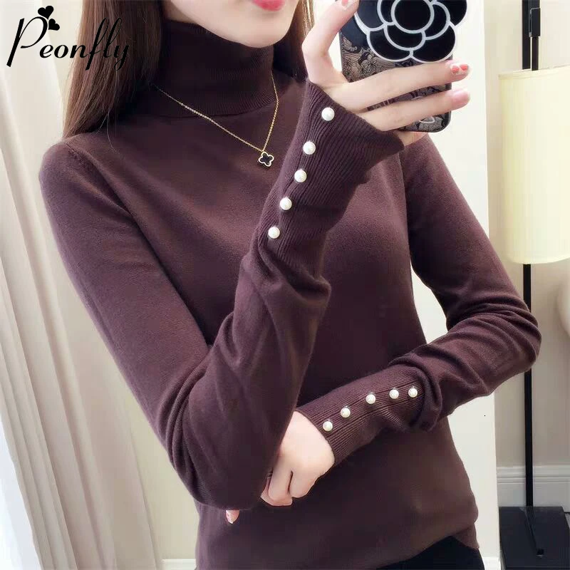 

PEONFLY Fashion Casual Sweater Tops 2023 New Autumn Women Sweater Knitted Long Sleeve Turtleneck Elegant Slim Soft Button Jumper