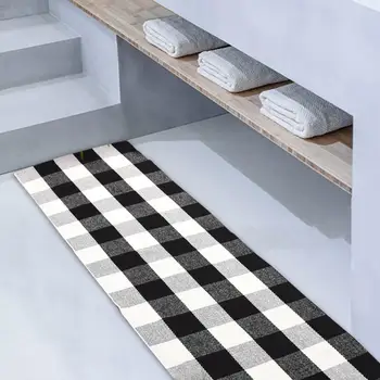 

Cotton Buffalo Plaid Rugs Black and White Checkered Rug Welcome Door Mat Rug Washable Woven Braided Throw Mat for Kitchen Carpet