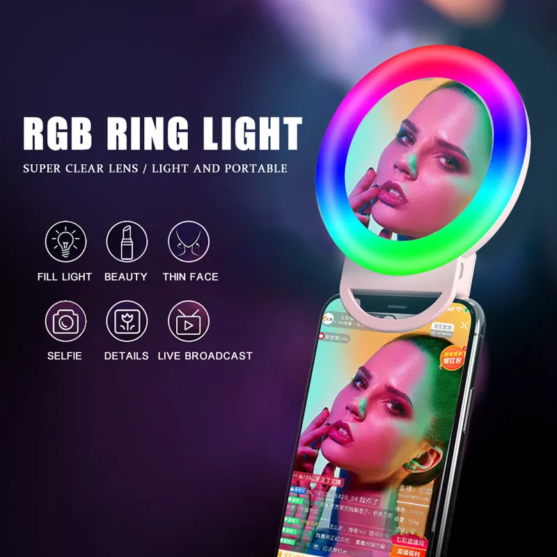 RGB Selfie Ring Light Mini Mobile Phone Lights with Makeup Mirror Phone Clip-on LED Ring Lamp for TikTok Youtube Video Ringlight
RGB Selfie Ring Light Mini Mobile Phone Lights with Makeup Mirror Phone Clip-on LED Ring Lamp for TikTok Youtube Video Ringlight