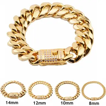 

8mm/10mm/12mm/14mm/16mm/18mm Stainless Steel Bracelets 18K Gold Plated High Polished Miami Cuban Link Men Punk Curb Chain Butter