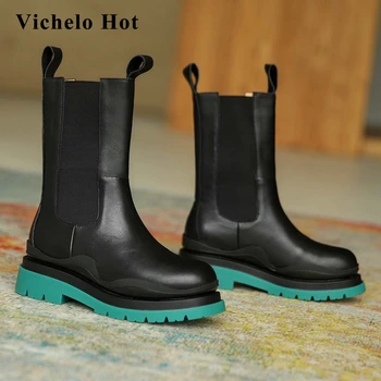 Vichelo Hot motorcycle boots genuine leather mixed colors platform round toe thick med heel slip on neutral mid-calf boots L70
Vichelo Hot motorcycle boots genuine leather mixed colors platform round toe thick med heel slip on neutral mid-calf boots L70