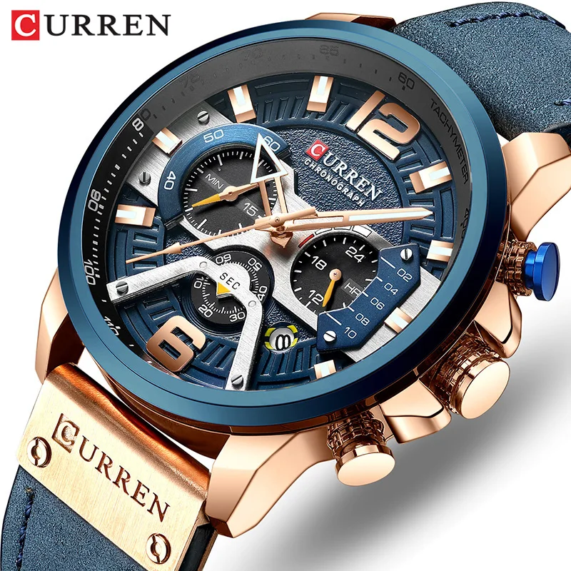 Фото CURREN Casual Sport Watches for Men Blue Top Brand Luxury Military Leather Quartz Watch Man Clock Fashion Chronograph Wristwatch | Наручные