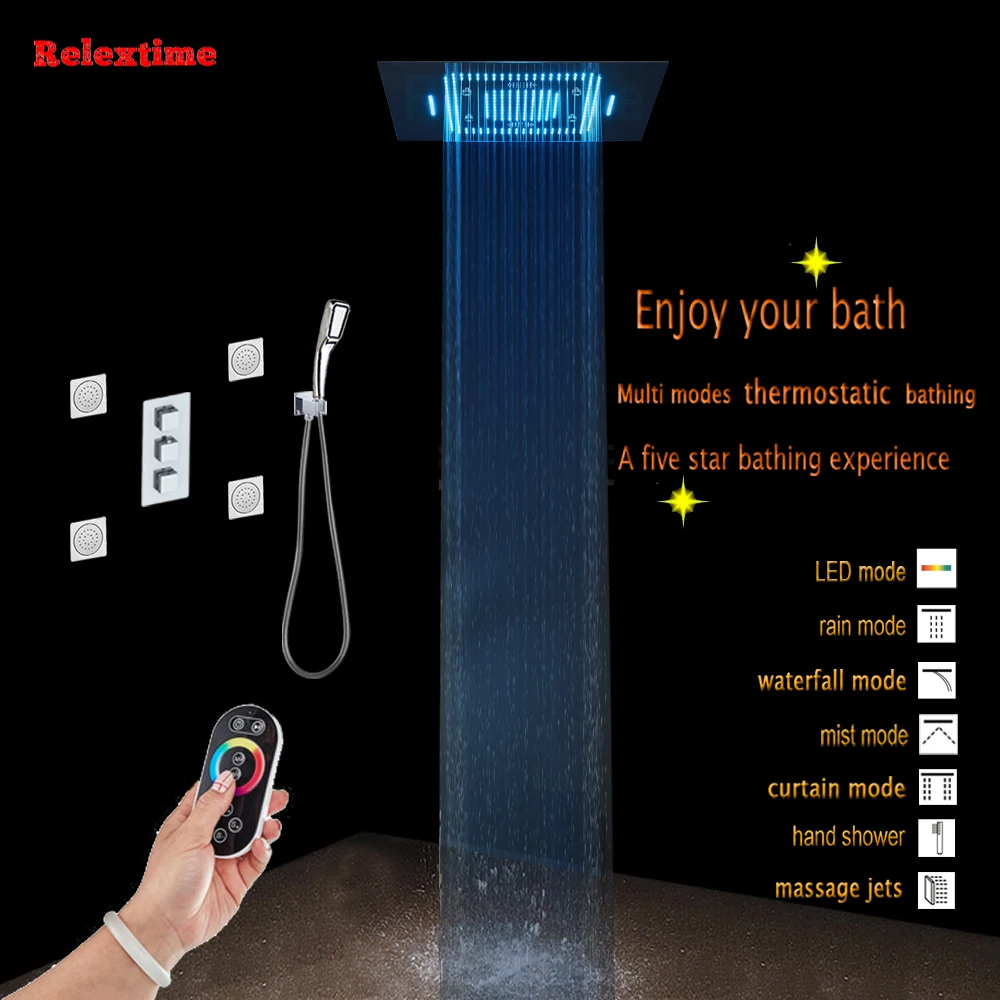 

Nozzle Light LED Ceiling Rain Shower Head Waterfall Bathroom Concealed Thermostatic Inwall Shower Set Faucet Mixer Massage jets