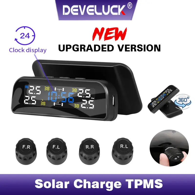 TPMS Wireless Car Alarm Tire Pressure Monitoring System Rotation display Time Warning Solar Power Charge Inside External sensors
TPMS Wireless Car Alarm Tire Pressure Monitoring System Rotation display Time Warning Solar Power Charge Inside External sensors