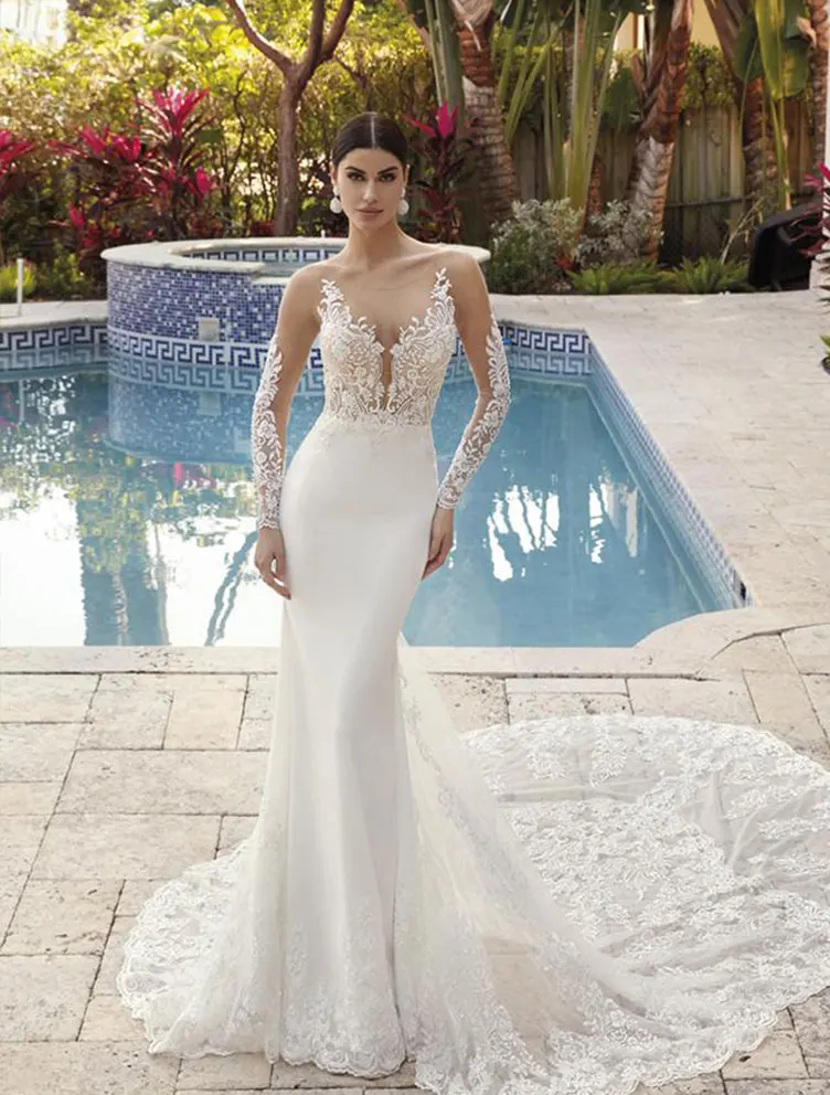 New Arrival Mermaid Boho Wedding Dresses Boat Neck Long Sleeves Court Train Appliques Satin Bridal Gowns mariage
New Arrival Mermaid Boho Wedding Dresses Boat Neck Long Sleeves Court Train Appliques Satin Bridal Gowns mariage