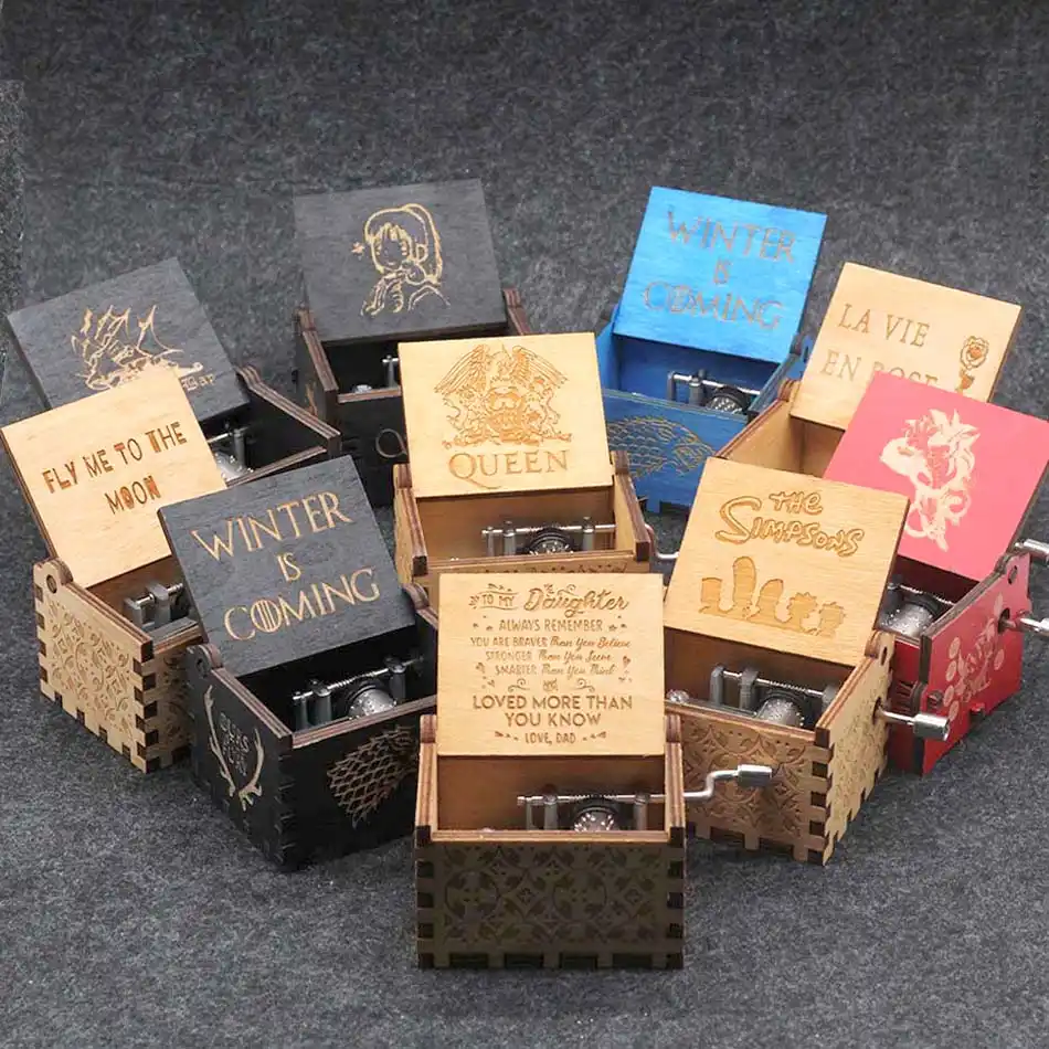 wholesale antique carved wooden hand crank music box christmas