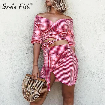 Female Women Bandage Wrap Short Tops V-Neck Crop Tops Sets Sexy Plaid Chiffon Boho Split Irregular Skirts 2 pieces Suits G1195 
Female Women Bandage Wrap Short Tops V-Neck Crop Tops Sets Sexy Plaid Chiffon Boho Split Irregular Skirts 2 pieces Suits G1195