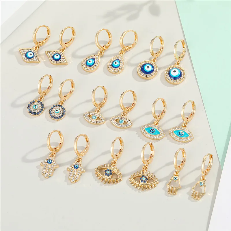 

1Pair Rhinestone Fatima Hand Hollow Evil Eye Earrings For Women Vintage Simple Trendy Round Eye Hoop Earrings Ear Stud Jewelry