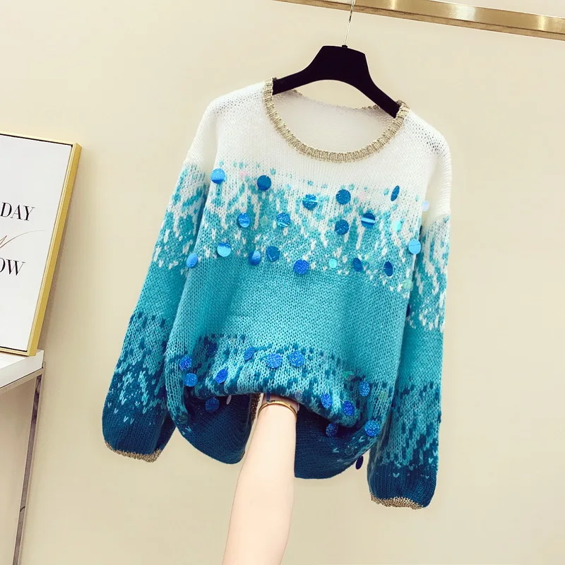Autumn Winter Long Sweater Girls Lady Streetwear Loose Pollovers Female New Korean Gradually Changing Loose Sweater Sequins Coat
Autumn Winter Long Sweater Girls Lady Streetwear Loose Pollovers Female New Korean Gradually Changing Loose Sweater Sequins Coat