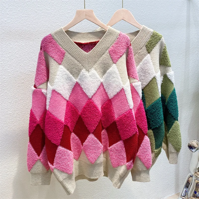 

2023 new Japanese retro design, niche, lazy wind, soft waxy rhombic sweater, autumn and winter hot style, fashionable style