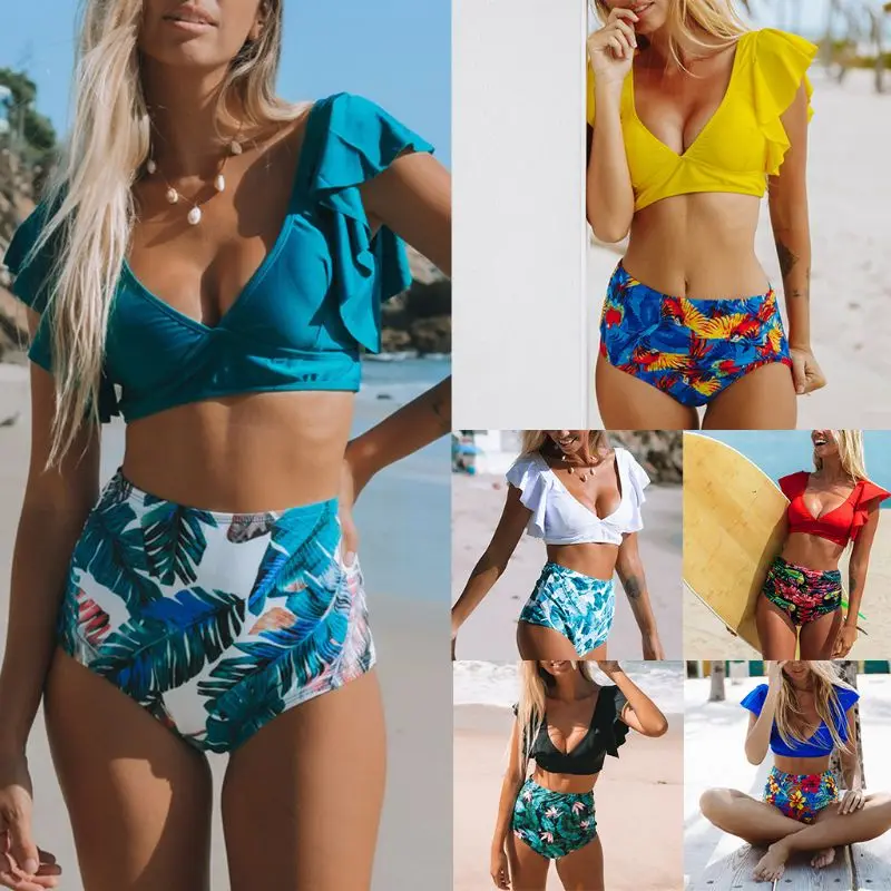

Womens Sexy 2 Piece Bikini Set Flounce Ruffles V-Neck Push Up Padded Swimsuit High Waist Tropical Floral Print Beachwear