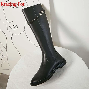 krazing pot cow leather thick med heels diamond rivets beading stovepipe round toe keep warm preppy style knee-high boots l83 
krazing pot cow leather thick med heels diamond rivets beading stovepipe round toe keep warm preppy style knee-high boots l83