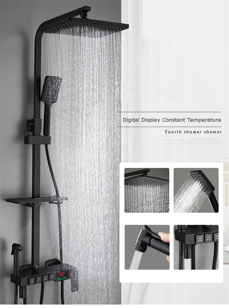 Hot and Cold Digital Shower Set Faucet Bathroom Shower System Black Gold Shower Faucet Square Shower Head Bath Shower System Hot and Cold Digital Shower Set Faucet Bathroom Shower System Black Gold Shower Faucet Square Shower Head Bath Shower System