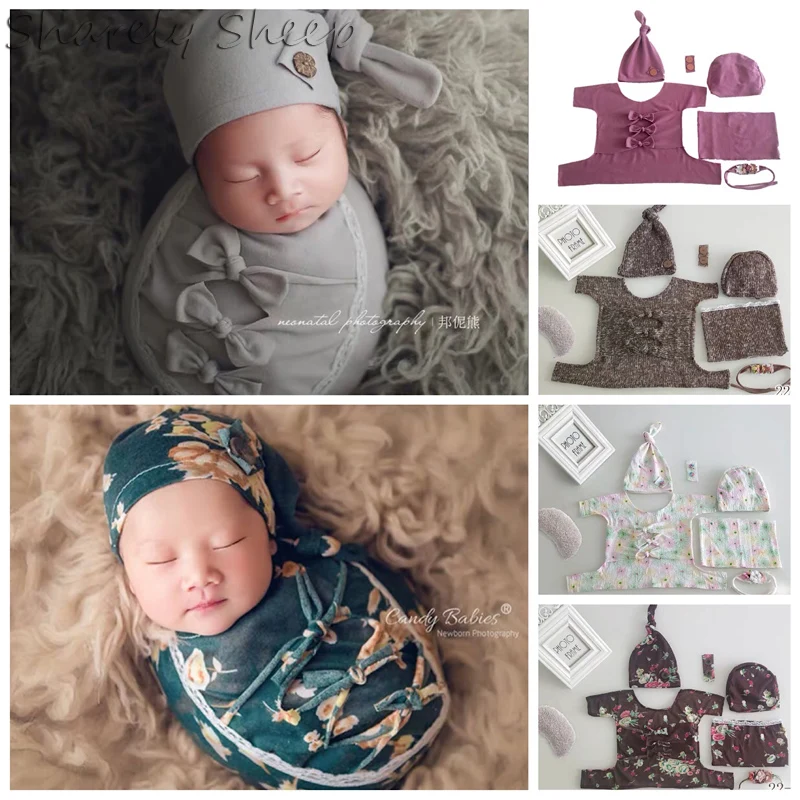 

Newborn Photography Props Infant 7Pcs Wraps Baby Boy Girl Photo Shoot Posing Hat+Wraps Sets bebe fotografia Accessory Photo Prop