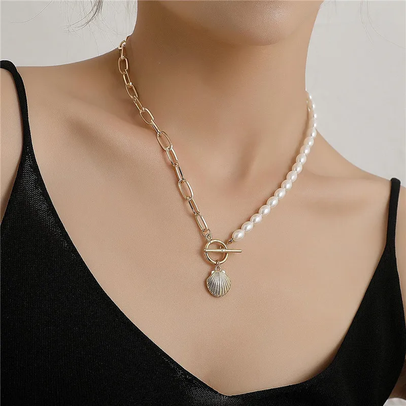 

Boho Gothic Chain Crystal Pendant Necklace for Women Punk Imitation Pearl Scallop Shell Choker Necklaces Party Gift Jewelry