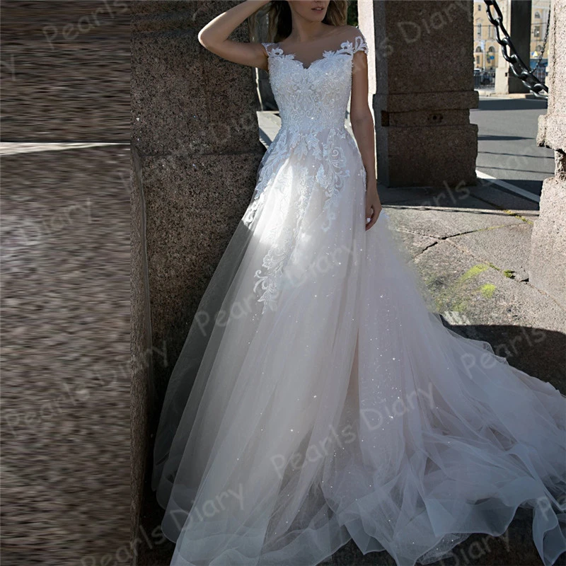 Beautiful-Sheer-Scoop-Neck-Short-Sleeves-Lace-Appliques-Wedding-Dress-Bridal-Gowns-Lace-Up-Corset-Tulle