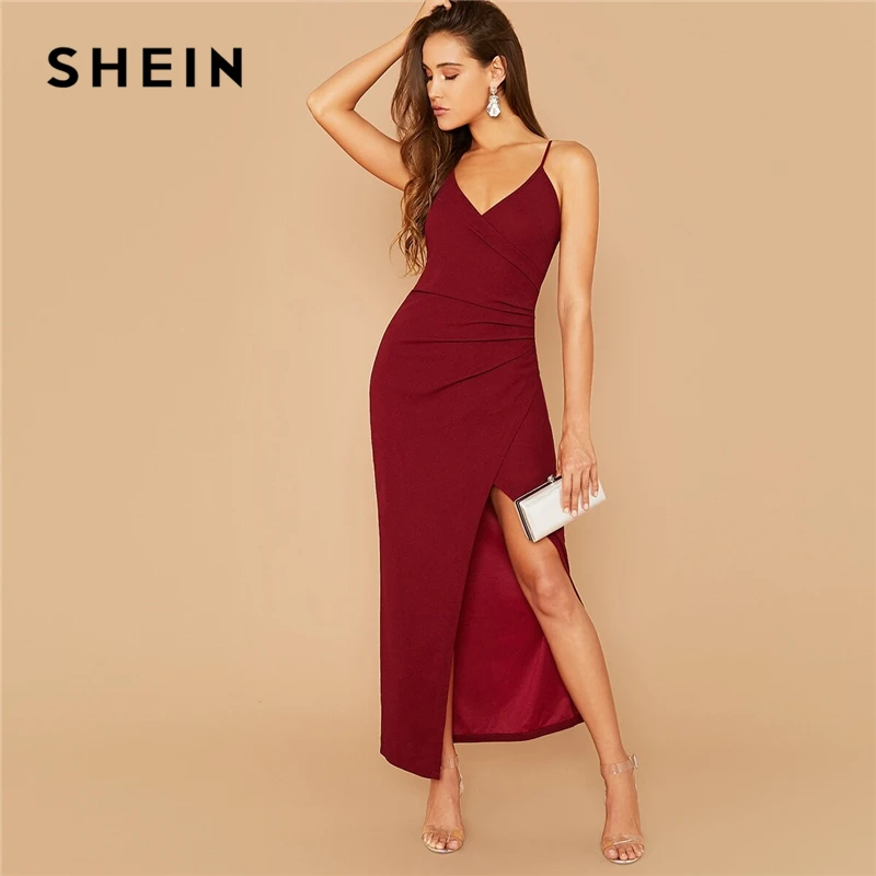 

SHEIN Wrap Ruched Side Split Thigh Slip Dress Women Summer Autumn Spaghetti Strap Sexy Night Out Party Cami Maxi Dresses