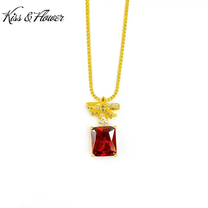 

KISS&FLOWER NK100 Fine Jewelry Wholesale Fashion Woman Girl Birthday Wedding Gift Bowknot AAA Zircon 24KT Gold Pendant Necklaces