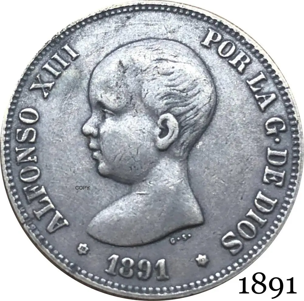 Spain 1891 PG 2 Pesetas Alfonso XIII 1st Portrait The Crowned Spanish Coat Of Arms With Pillars Silver Plated Copy Coin
Spain 1891 PG 2 Pesetas Alfonso XIII 1st Portrait The Crowned Spanish Coat Of Arms With Pillars Silver Plated Copy Coin