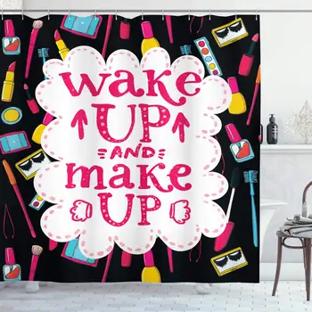 Saying Shower Curtain, Witty Saying Wake Make with Cosmetic Lipstick Mascara and Nail Polish, Cloth Fabric Bathroom Decor Set
Saying Shower Curtain, Witty Saying Wake Make with Cosmetic Lipstick Mascara and Nail Polish, Cloth Fabric Bathroom Decor Set