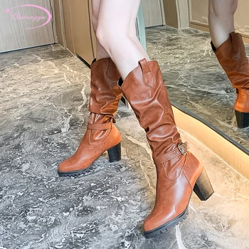 Street style round toe pleated mid-calf boots buckle strap slip-on black brown yellow high heel thick riding boots women's shoes
Street style round toe pleated mid-calf boots buckle strap slip-on black brown yellow high heel thick riding boots women's shoes