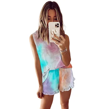 2020 Summer Women's Pajamas Two-piece Set O Neck Sleeveless Top Sleepwear And Elastic Waist Shorts Tie-dye Polyester Clothing
2020 Summer Women's Pajamas Two-piece Set O Neck Sleeveless Top Sleepwear And Elastic Waist Shorts Tie-dye Polyester Clothing