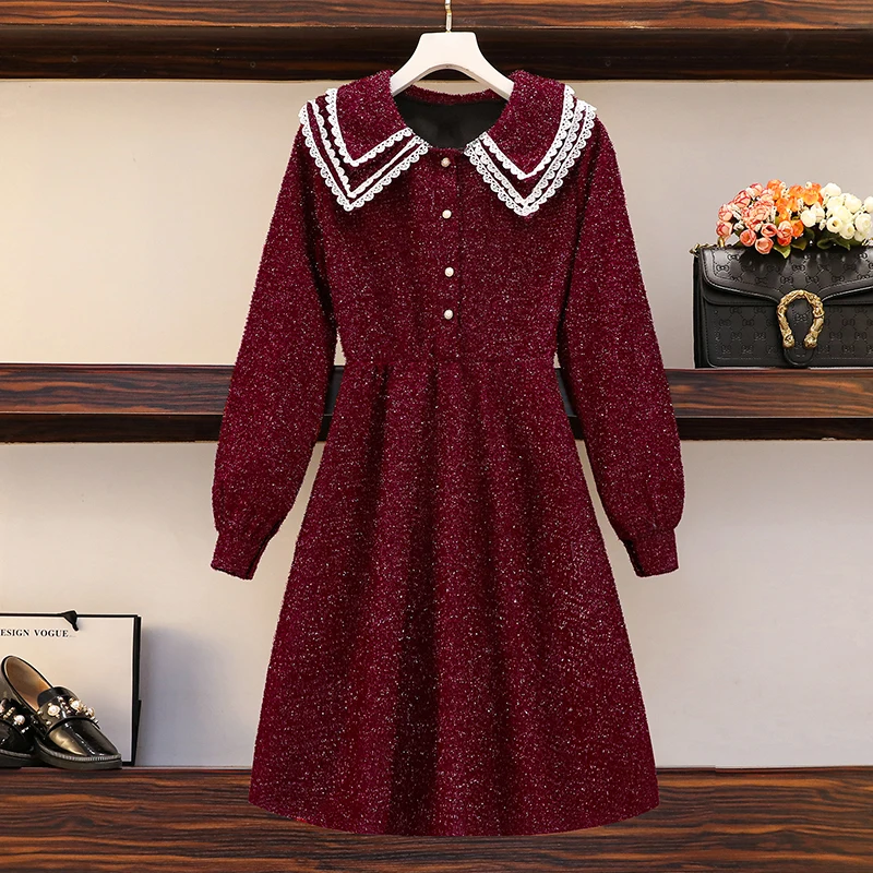 

New Elegant Plus Size Women Bright Silk Tweed Dress High Quality Autumn Winter Doll Collar Patchwork Pearl Button Ladies Dresses