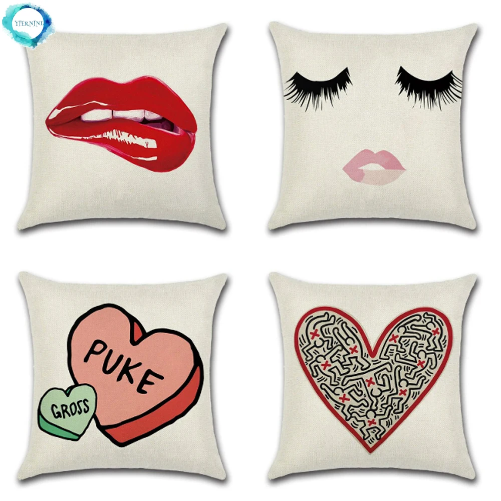 

Valentine's Day Lover Lips Love Heart Printed Cushion Cover Cotton Linen Throw Pillow Case Decorative For Home Car Sofa 45X45CM