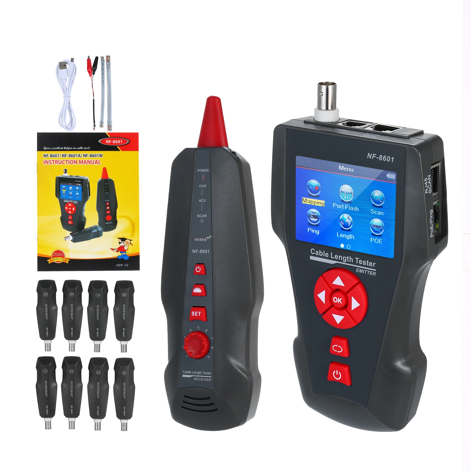 Multi-functional LCD Network Cable Tester Tracker PING & POE Testing RJ11 RJ45 BNC Wire Length Finder with 8 Remote Adapters
Multi-functional LCD Network Cable Tester Tracker PING & POE Testing RJ11 RJ45 BNC Wire Length Finder with 8 Remote Adapters