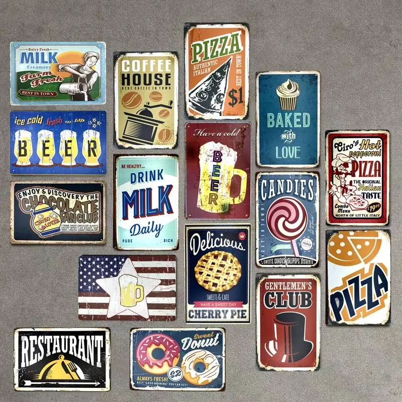 

Food Drink Beer Candies Pizza Retro Plaque Metal Tin Signs Bar Pub Club Cafe Home Signboard Wall Decor Vintage Nostalgia Plates