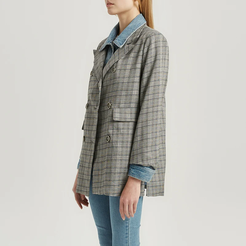 TWOTWINSTYLE Plaid Patchwork Denim Women's Jacket Lapel Collar Long Sleeve Korean Female Jacket Coats 2019 Autumn Fashion New (6).jpg