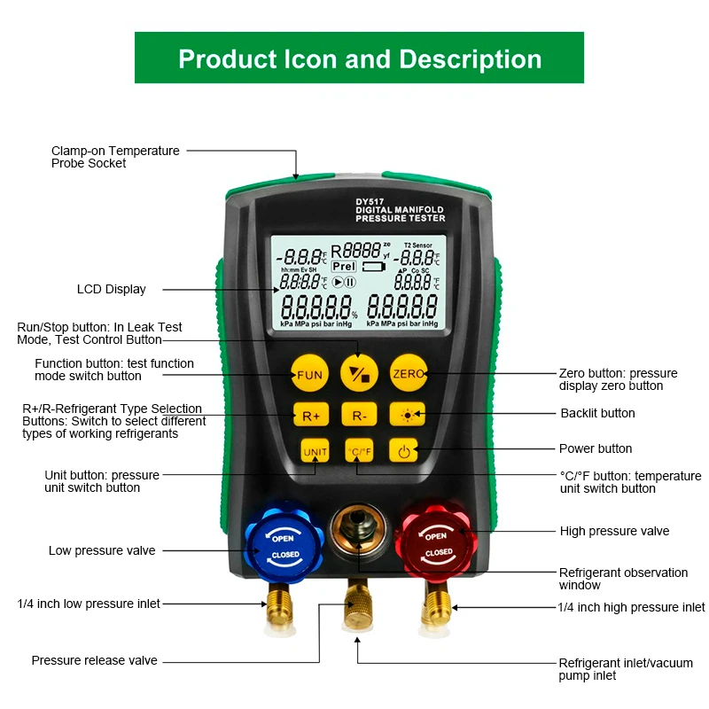 DY517 Manifold Digital Digital Pressure Gauge Refrigeration Vacuum Pressure Manifold Tester HVAC Temperature Tester for Car