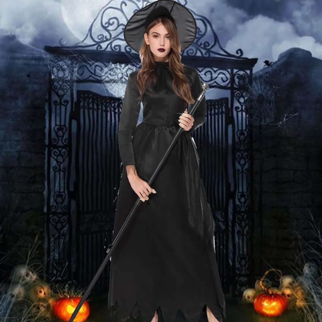 

Halloween Cosplay Costumes Scary Vampire Witch Costume For Women Medieval Victorian Masquerade Costume Black Fancy Maxi Dress