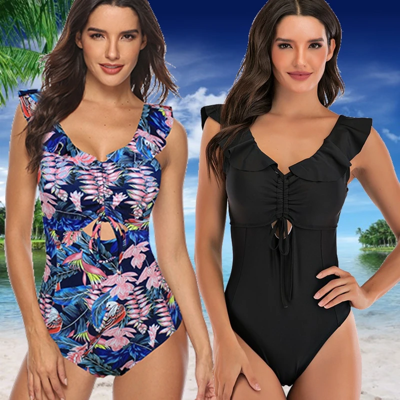 

tengweng sexy new 2020 one piece swimsuit sport black solid Backless swimsuit flounce women summer Push Up Monokini beachwear