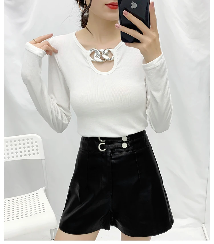 Spring Autumn New Women Slim T-Shirt 2020 Ladies Long Sleeve Short T-shirt Women Fashion Metal Button Decorative Base T-shirt