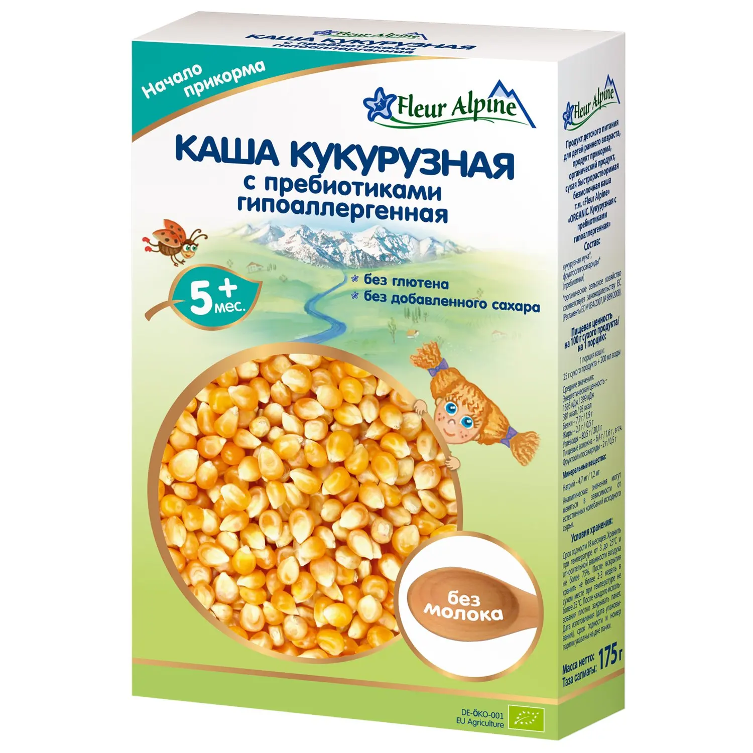 Каша Fleur Alpine безмолочная кукурузная с пребиотиками гипоаллергенная 175г 5мес | Мать