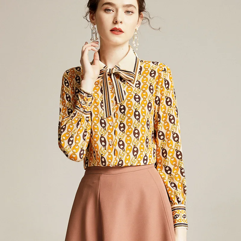 Chain Print Yellow Silk Blouses 2020 Spring New Bow Ribbon Shirts Women Long Sleeve Clothes Bohemian Ladies Tops High Quality za 
Chain Print Yellow Silk Blouses 2020 Spring New Bow Ribbon Shirts Women Long Sleeve Clothes Bohemian Ladies Tops High Quality za