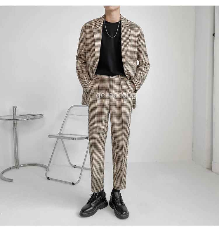 

New Popular Two Buttons Houndstooth Groom Tuxedos Notch Lapel Groomsmen Mens Wedding Suits Blazers 2 Piece (Jacket+Pants+Tie)