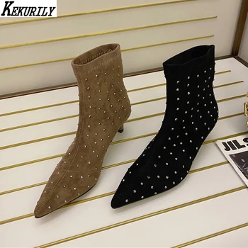 Fashion Pointed Toe Ankle Boots Women Sexy Heels Shoes Crystal Slip on Short Socks Boot Suede Zapatos De Mujer Black Brown 
Fashion Pointed Toe Ankle Boots Women Sexy Heels Shoes Crystal Slip on Short Socks Boot Suede Zapatos De Mujer Black Brown