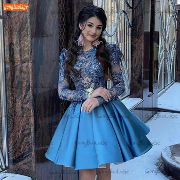 Sexy Blue O Neck Prom Dresses Short 2020 Long Sleeve Lace Appliqued Women Dress Formal Party Masquerade Custom Made Robes De Bal
Sexy Blue O Neck Prom Dresses Short 2020 Long Sleeve Lace Appliqued Women Dress Formal Party Masquerade Custom Made Robes De Bal