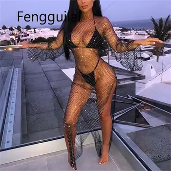 Shiny Rhinestones Grid Long Dress Women Sexy See Through Long Sleeves Fishnet Side Slit Long Dresses Chic Summer Beach Cover Up
Shiny Rhinestones Grid Long Dress Women Sexy See Through Long Sleeves Fishnet Side Slit Long Dresses Chic Summer Beach Cover Up