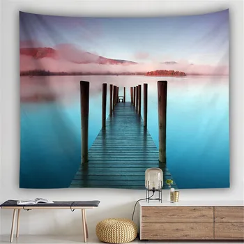 

3D Nordic Celestial Wall Tapestry Hanging Wall Carpet Wall Cloth Sunset Sea Wooden Landing Stage Pier Bridge Nature Fabric Dorm