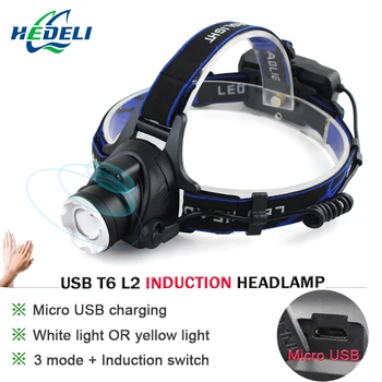 

IR Sensor Head Lamp White Yellow Light Powerful Headlight Led Head Flashlight Torch CREE XM L2 USB Headlamp XML T6 18650 Battery