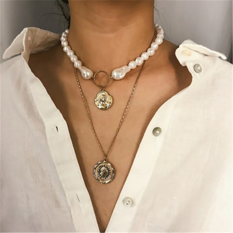 boho new Multi Layered Simulated Pearl Choker Necklace Collar Statement Carved Coin Pendant Necklace Women Girls Jewelry
boho new Multi Layered Simulated Pearl Choker Necklace Collar Statement Carved Coin Pendant Necklace Women Girls Jewelry