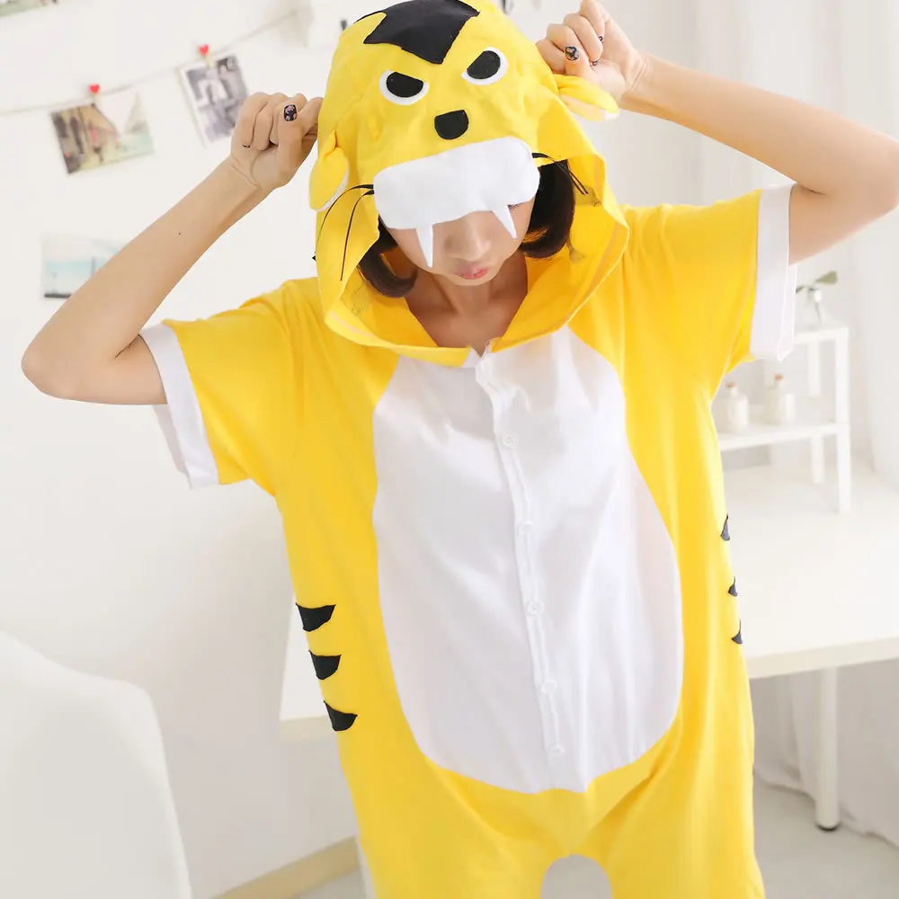 

Summer Adult Cotton Cosplay Costume Tiger Animal Onesie Hoodie Pajama For Women Men Fancy Short Sleeve Sleepwear Jumpsuit