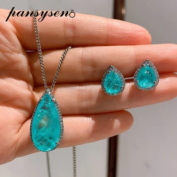 PANSYSEN Silver 925 Jewelry Set Pear Shape Paraiba Tourmaline Emerald Diamond Pendant Necklace Stud Earrings Sets Drop Shipping
PANSYSEN Silver 925 Jewelry Set Pear Shape Paraiba Tourmaline Emerald Diamond Pendant Necklace Stud Earrings Sets Drop Shipping