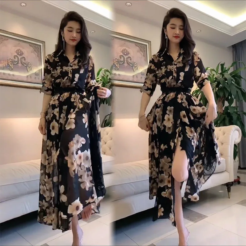 Timis Li Summer Chiffon Dress Detachable Beach Dress Vintage Ruffles Short Sleeve A-Line Party Dress Sundress Vestidos Plus Size