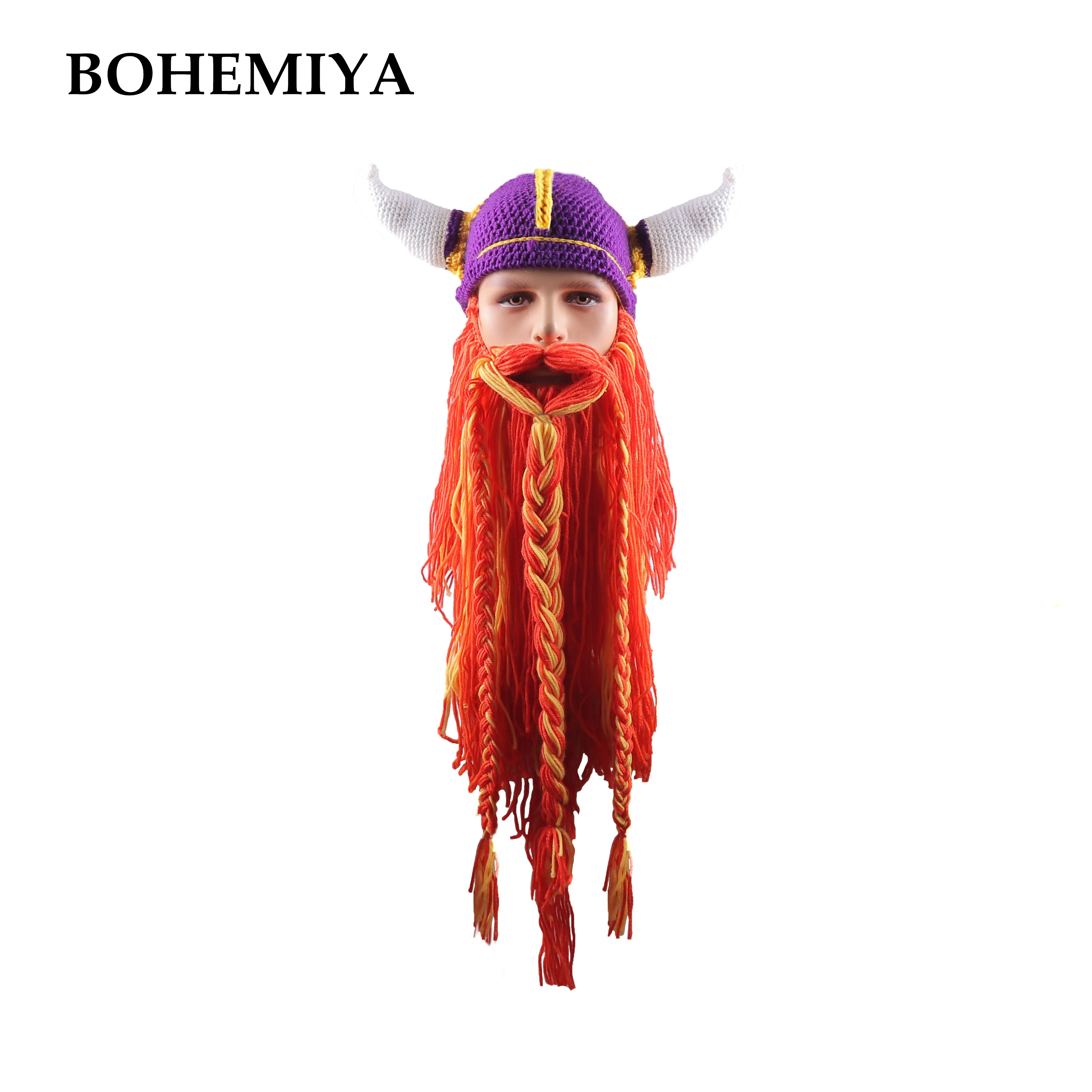 

Men's Barbarian Vagabond Viking Beard Beanie Horn Hats Handmade Knitted Winter Warm Caps Funny Halloween Mask Cosplay Gifts H9
