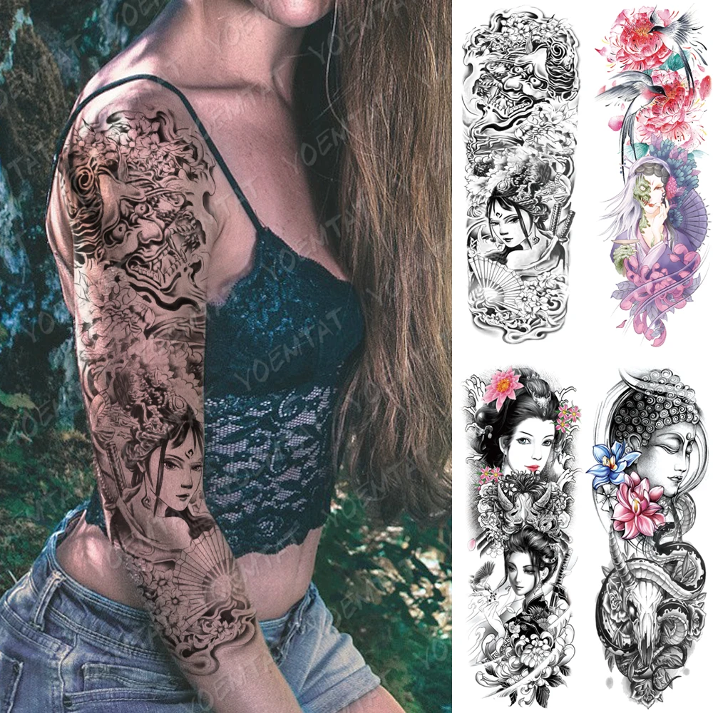 Фото Large Arm Sleeve Tattoo Geisha Beauty Demon Waterproof Temporary Tatto Sticker Buddha Body Art Full Fake Tatoo Women Men | Красота и